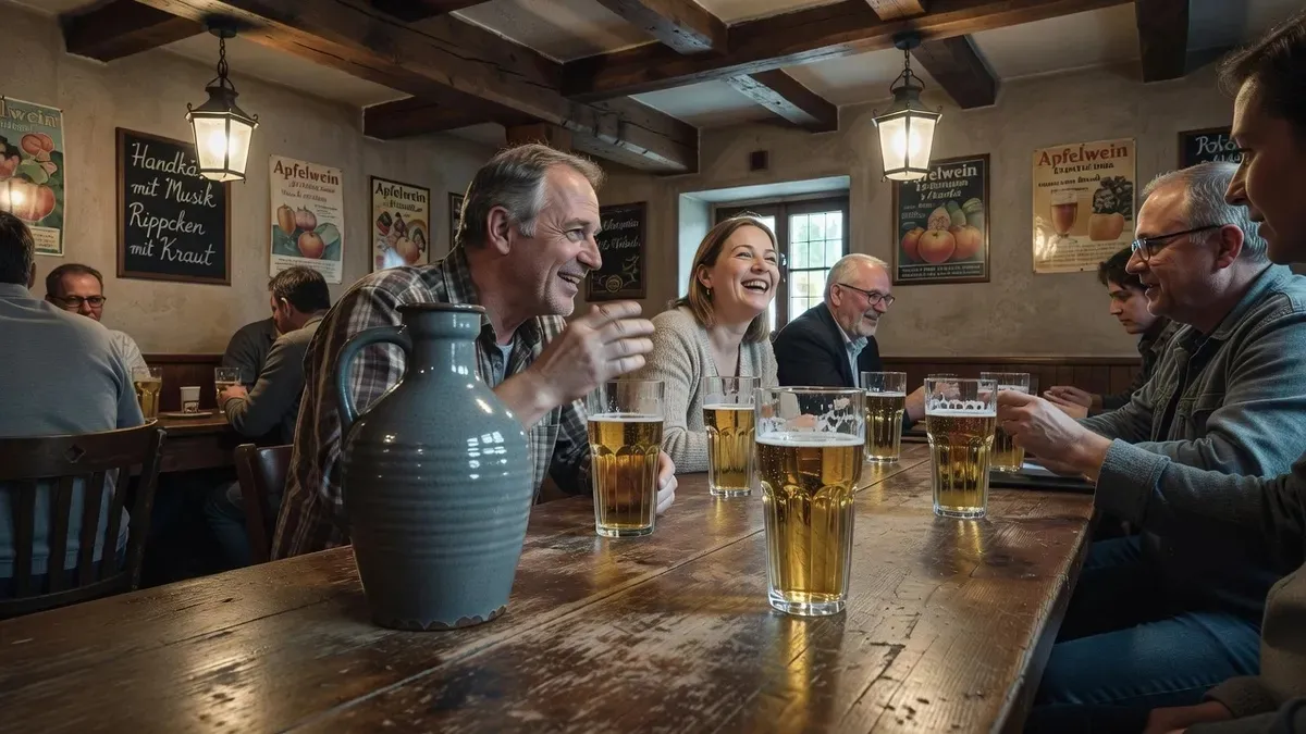 Ribbed glasses and a grey Bembel jug of golden apple wine on an Ebbelwoi frankfurt city tour in Frankfurt am Main