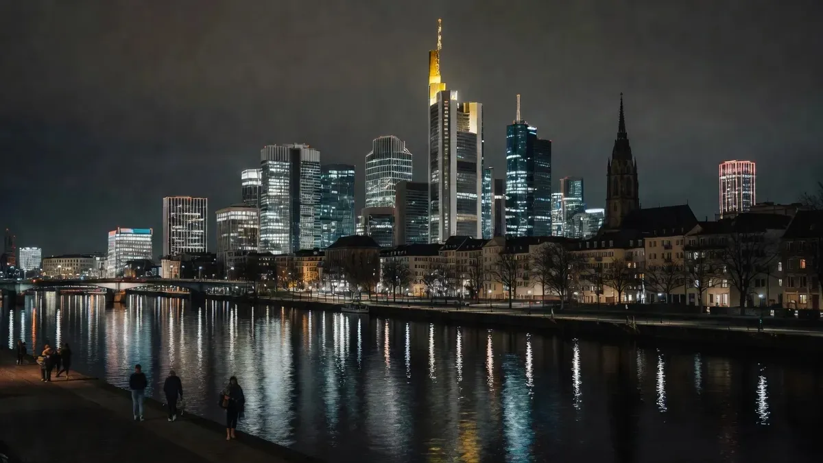 The Frankfurt banking-district skyline lit up at night and reflected in the river Main on a frankfurt city tour in Frankfurt am Main